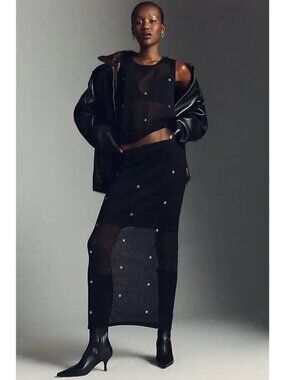 150$ PILCRO Sheer Embellished Knit Slip Maxi Skirts Women's Size XL Black